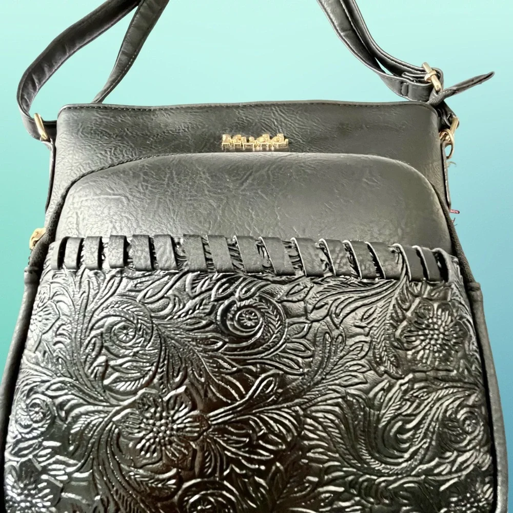 Mudd Black Zip Closure Embossed Crossbody Shoulder Bag Pom Pom Charm Keychain - Picture 4 of 13